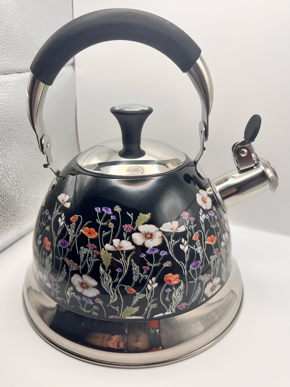 NIB Tinlon 3L Floral Enamel Tea Kettle Vintage Flowers Whistling Stovetop Teapot